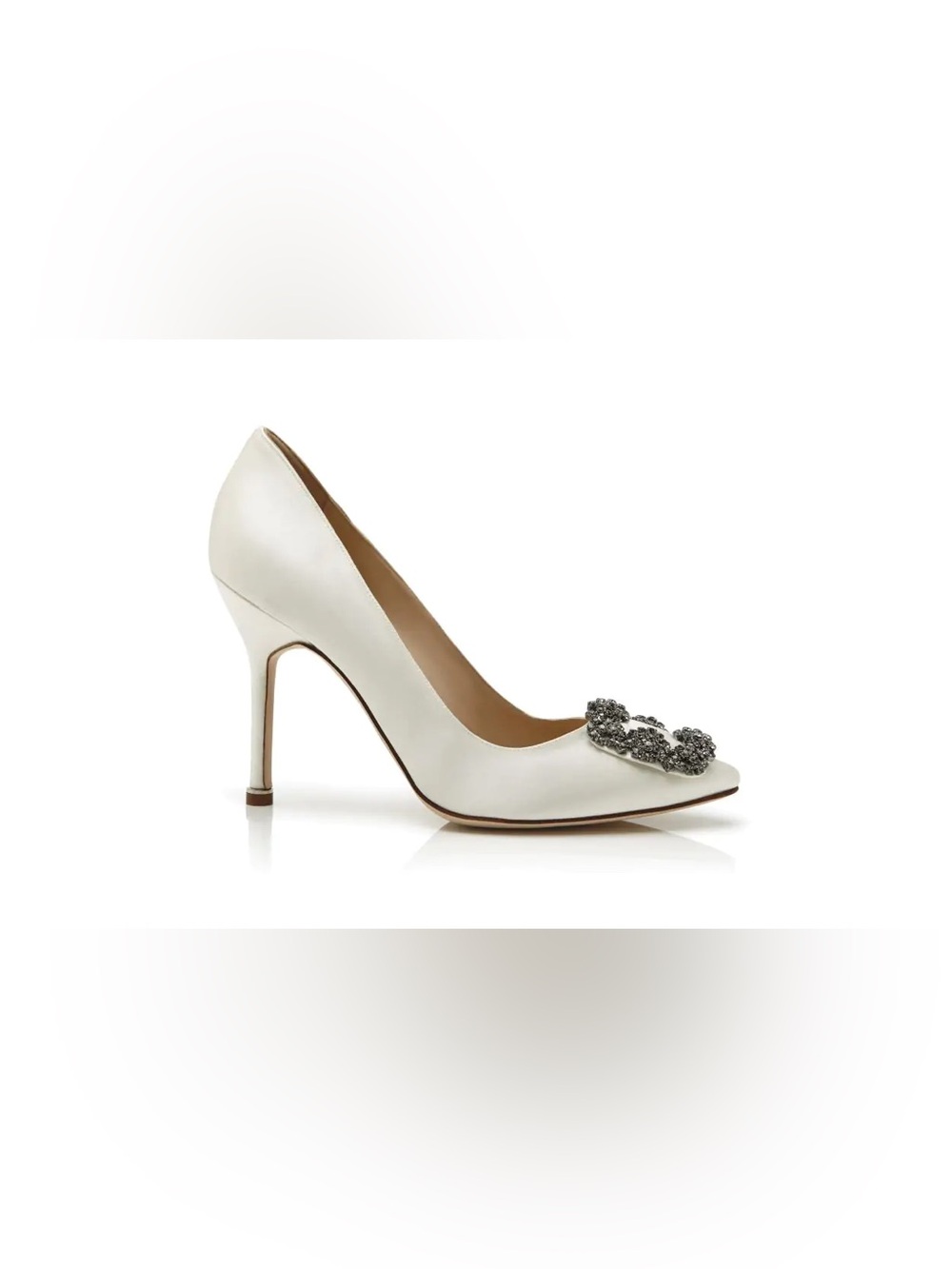 $1450 manolo blahnik 
HANGISI White Satin Jewel Buckle Pumps size 35